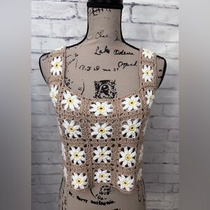 Altar’d State Med Tank Crop Top Daisy Crochet Granny Square Square Neck Y2K Boho
